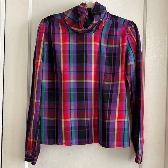 Vintage Colorful Taffeta Plaid Funnel Neck Holiday Winter Blouse Size Small - Picture 2 of 15